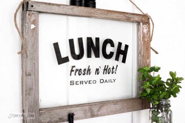 Stenciled Glass Lunch Window by Funky Junk Interiors
